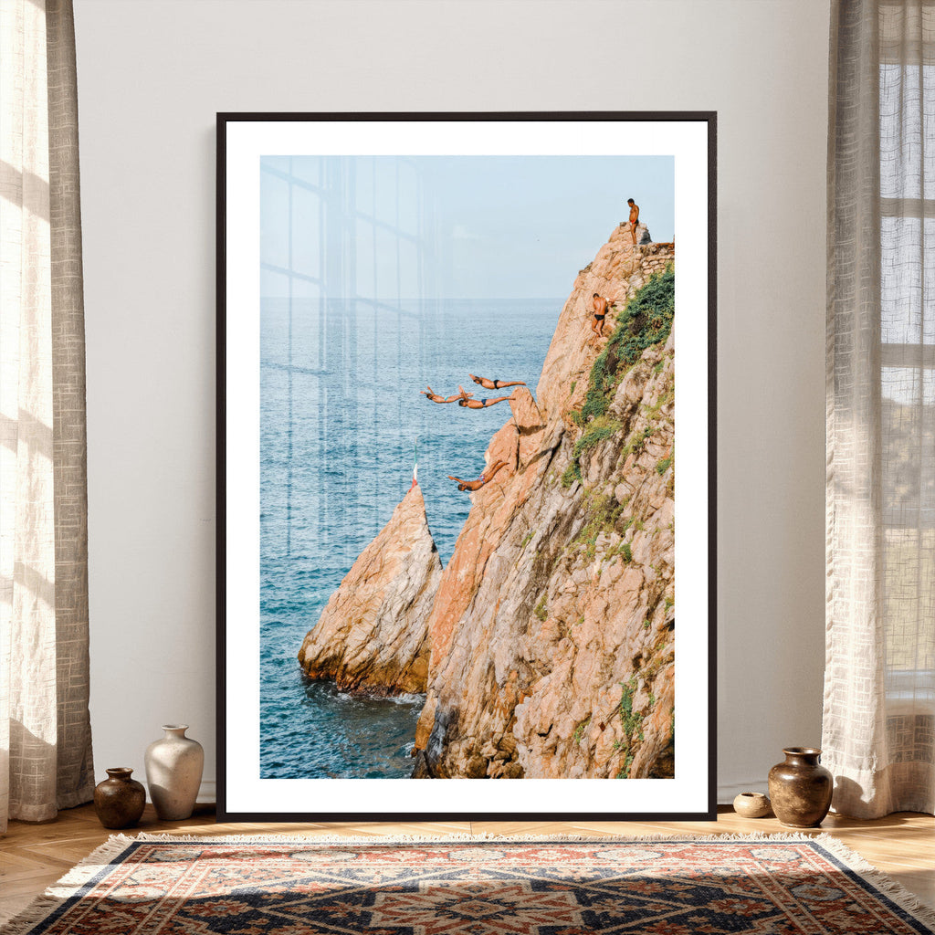 Cliff Dive Wall Art | Ocean Jump Canvas Print, Blue Sky