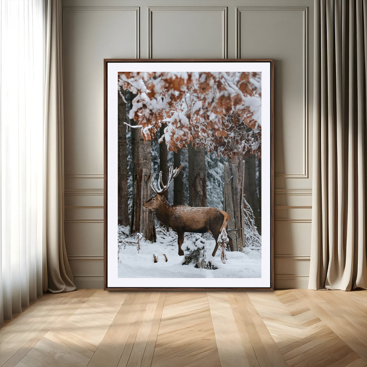 Serene Landscape Wall Art Canvas Print, Framed Winter Wonderland Deer Art, Rustic Cabin Decor