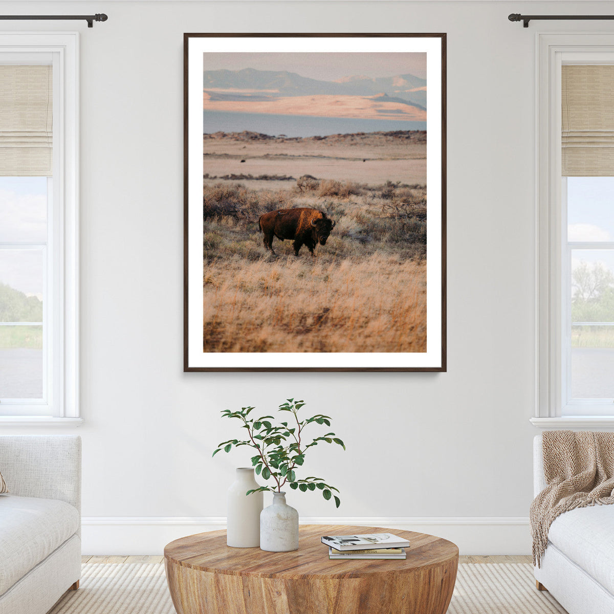 Solitary Buffalo Wall Art Canvas Print, Framed Golden Prairie Earthy Tones