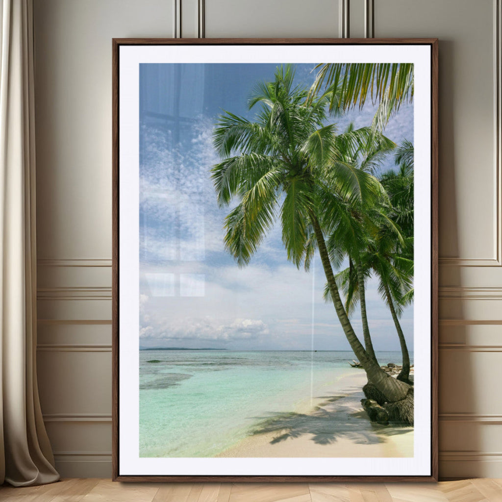 Tropical Beach Palm Trees Canvas Print, Framed Island Coastal Wall Art Ocean Horizon