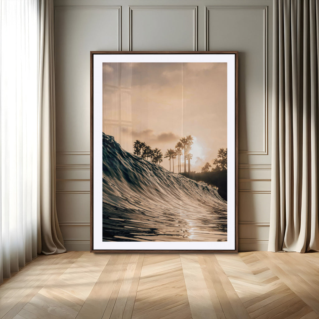 Sunset Wave Ocean Wall Art | Framed Palm Tree Canvas