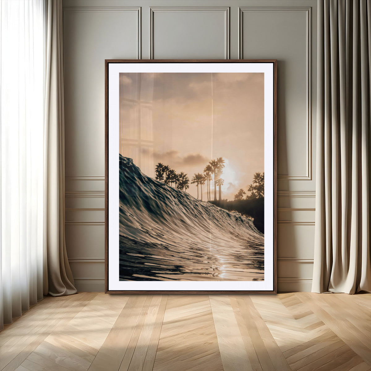 Sunset Wave Ocean Wall Art | Framed Palm Tree Canvas