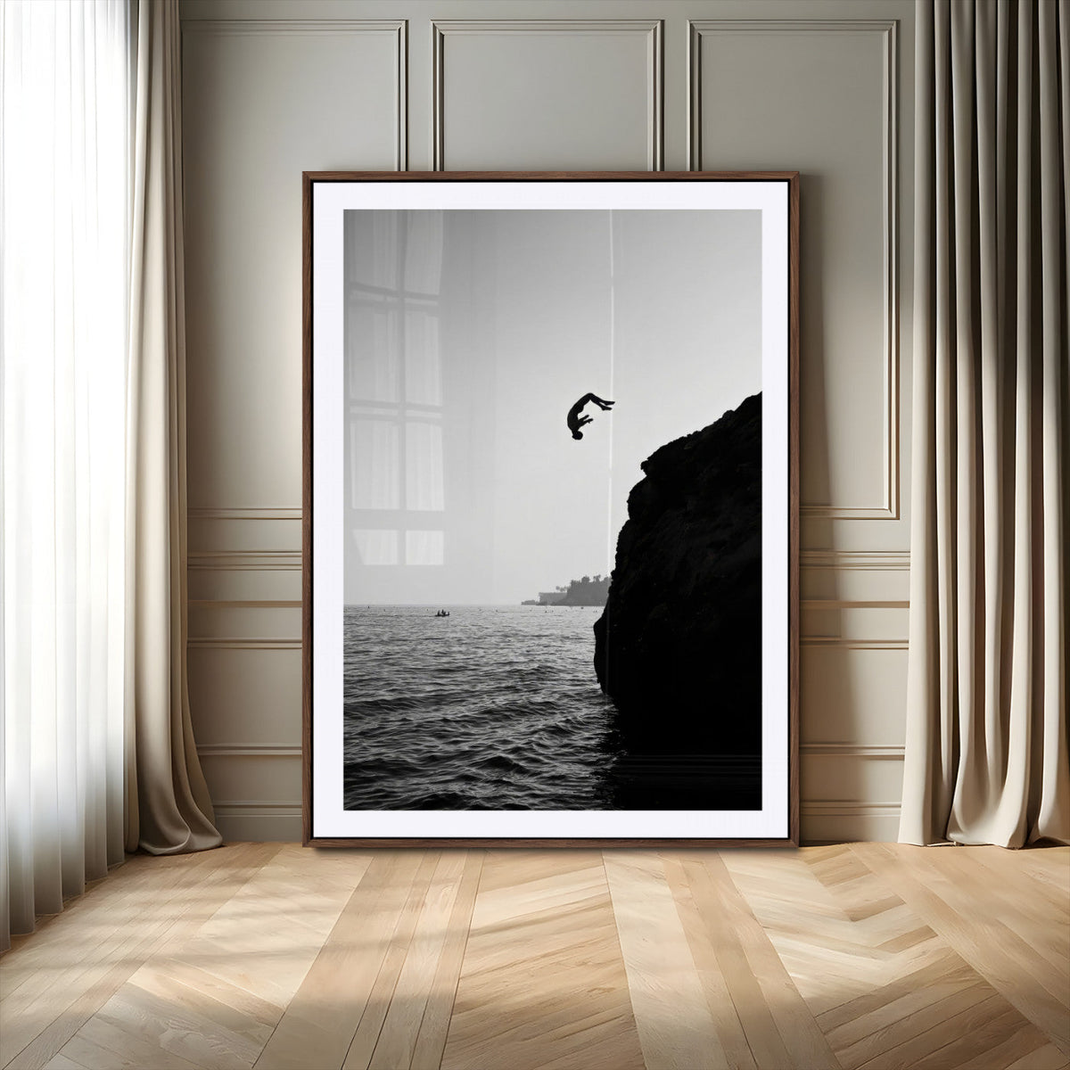 Silhouette Cliff Diver Wall Art | Framed Black White Ocean Canvas
