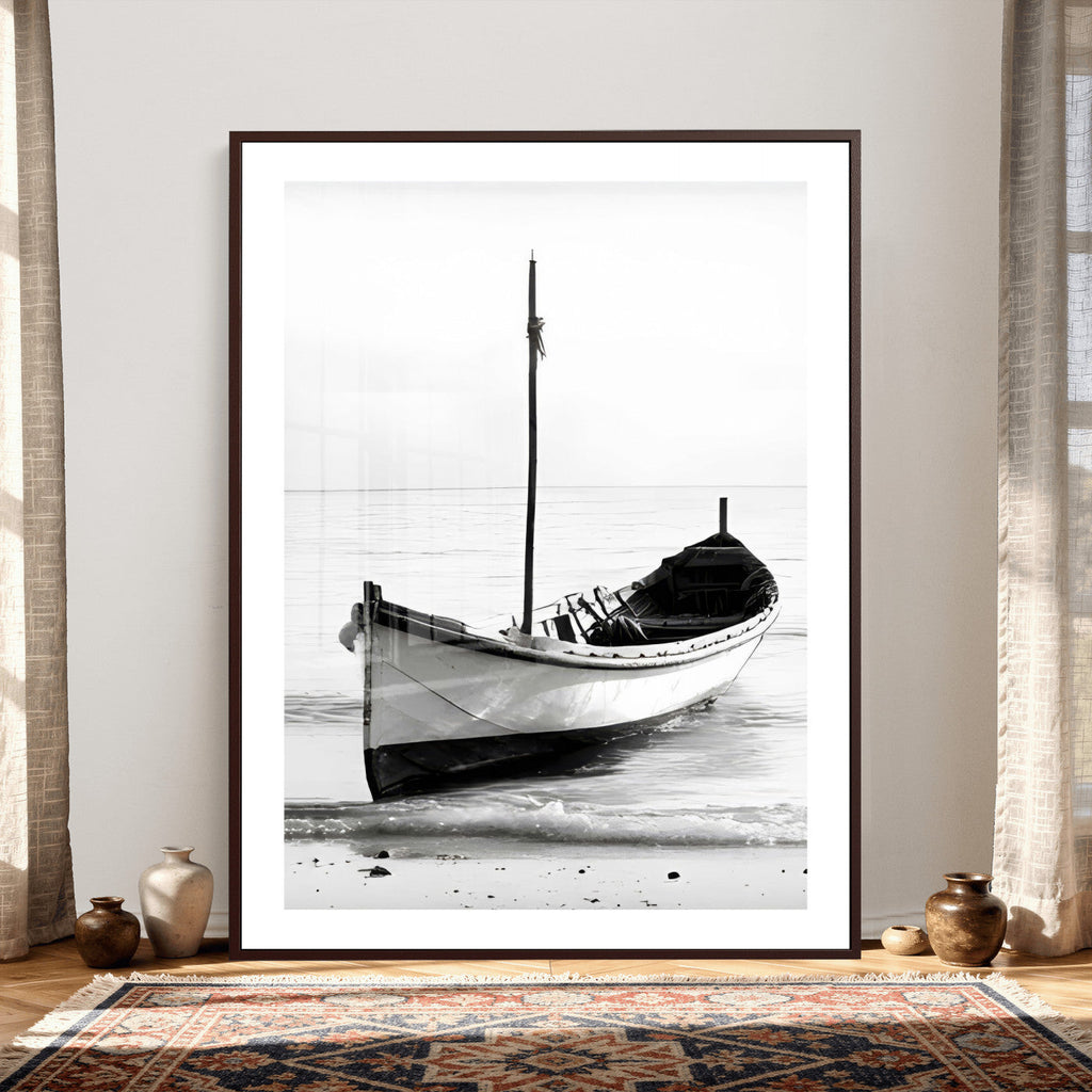 Minimal Boat Wall Art Canvas Print | Black and White Coastal Photography