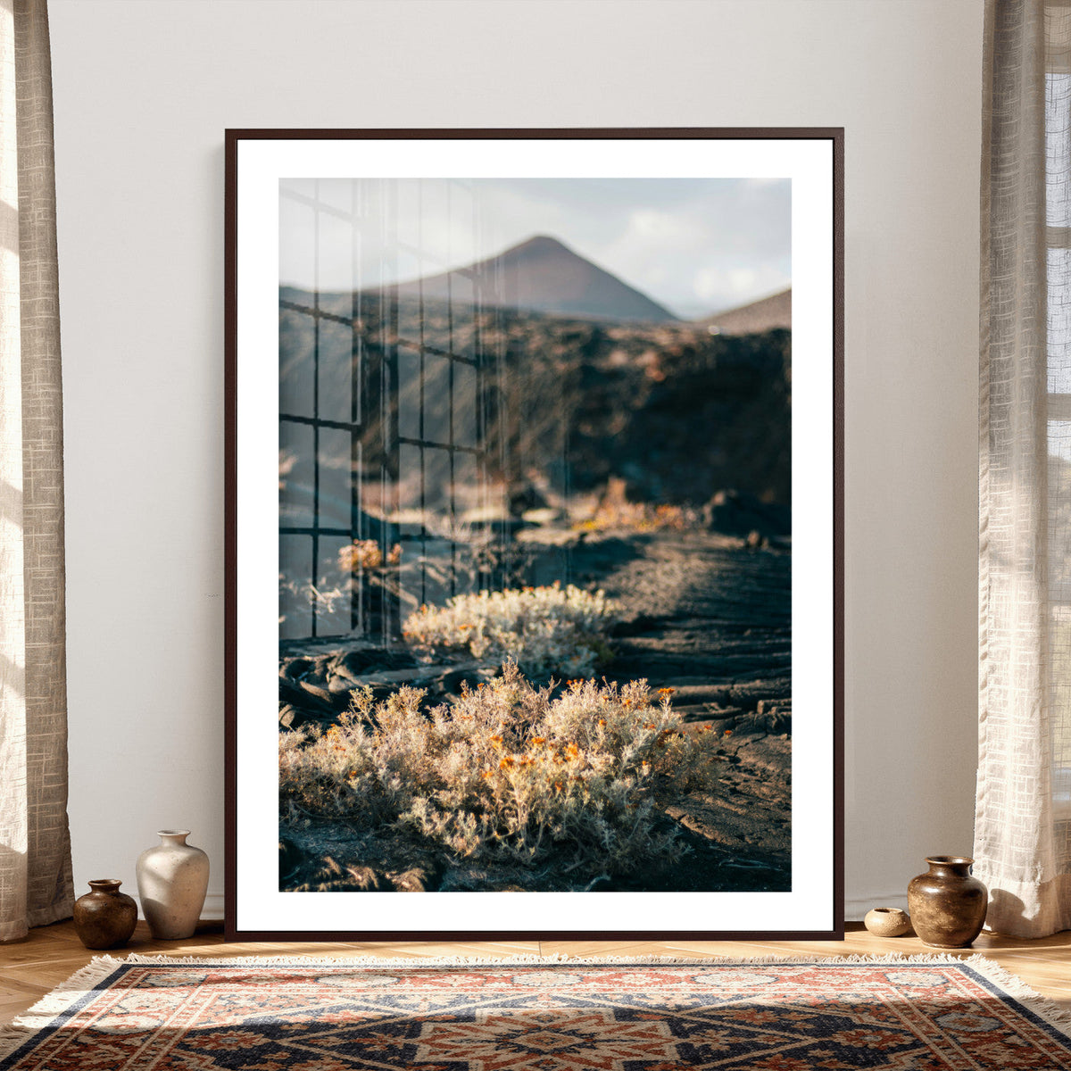 Desert Wall Art Canvas Print, Volcanic Landscape with Soft Wildflowers