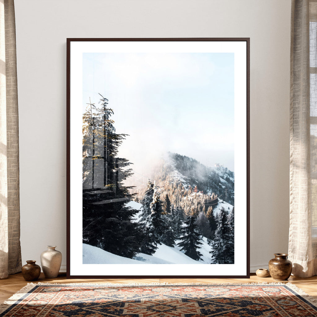 Snowy Mountain Forest Wall Art Canvas Print, Winter Pine Landscape