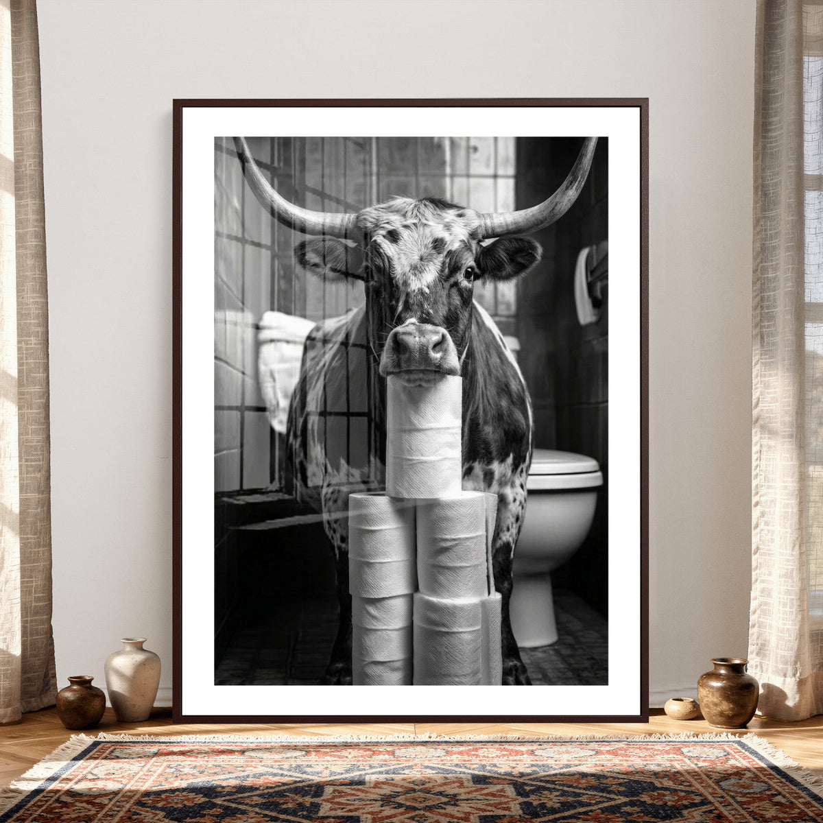 Texas Longhorn Cow Toilet Paper Canvas Wall Art, Funny Bathroom Decor