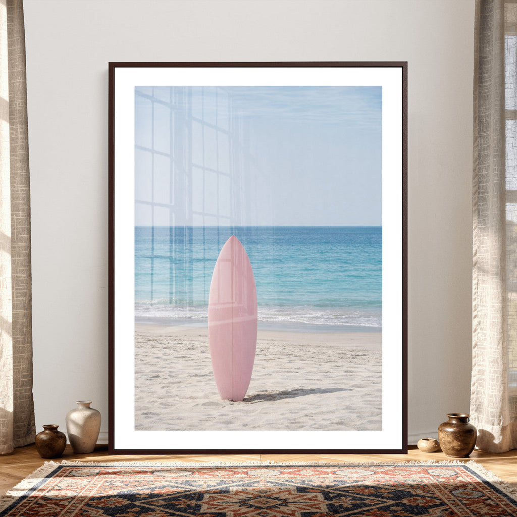 Pink Surfboard Canvas Wall Art, Minimalist Beach Photography