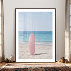 Pink Surfboard Canvas Wall Art, Minimalist Beach Photography