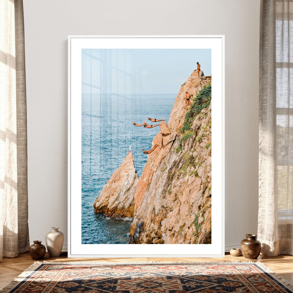 Cliff Dive Wall Art | Ocean Jump Canvas Print, Blue Sky