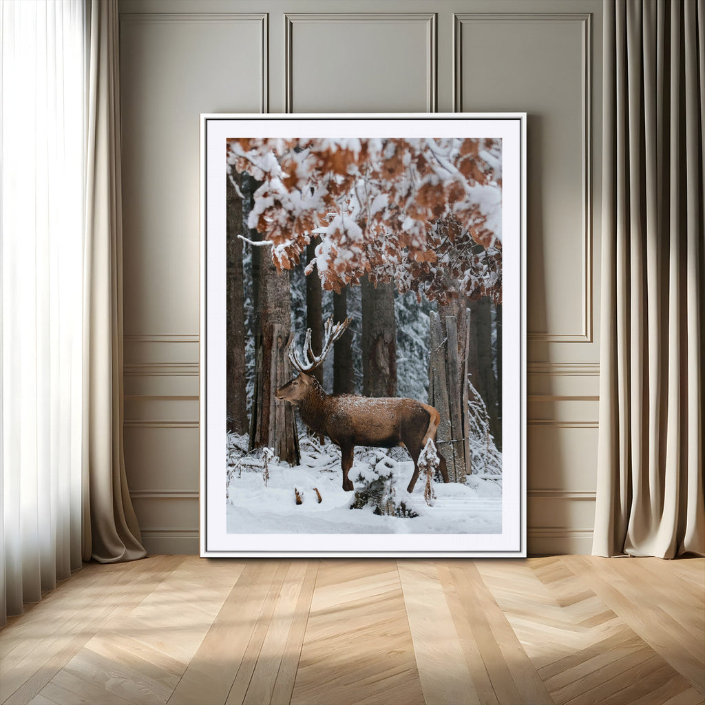 Serene Landscape Wall Art Canvas Print, Framed Winter Wonderland Deer Art, Rustic Cabin Decor