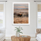 Solitary Buffalo Wall Art Canvas Print, Framed Golden Prairie Earthy Tones