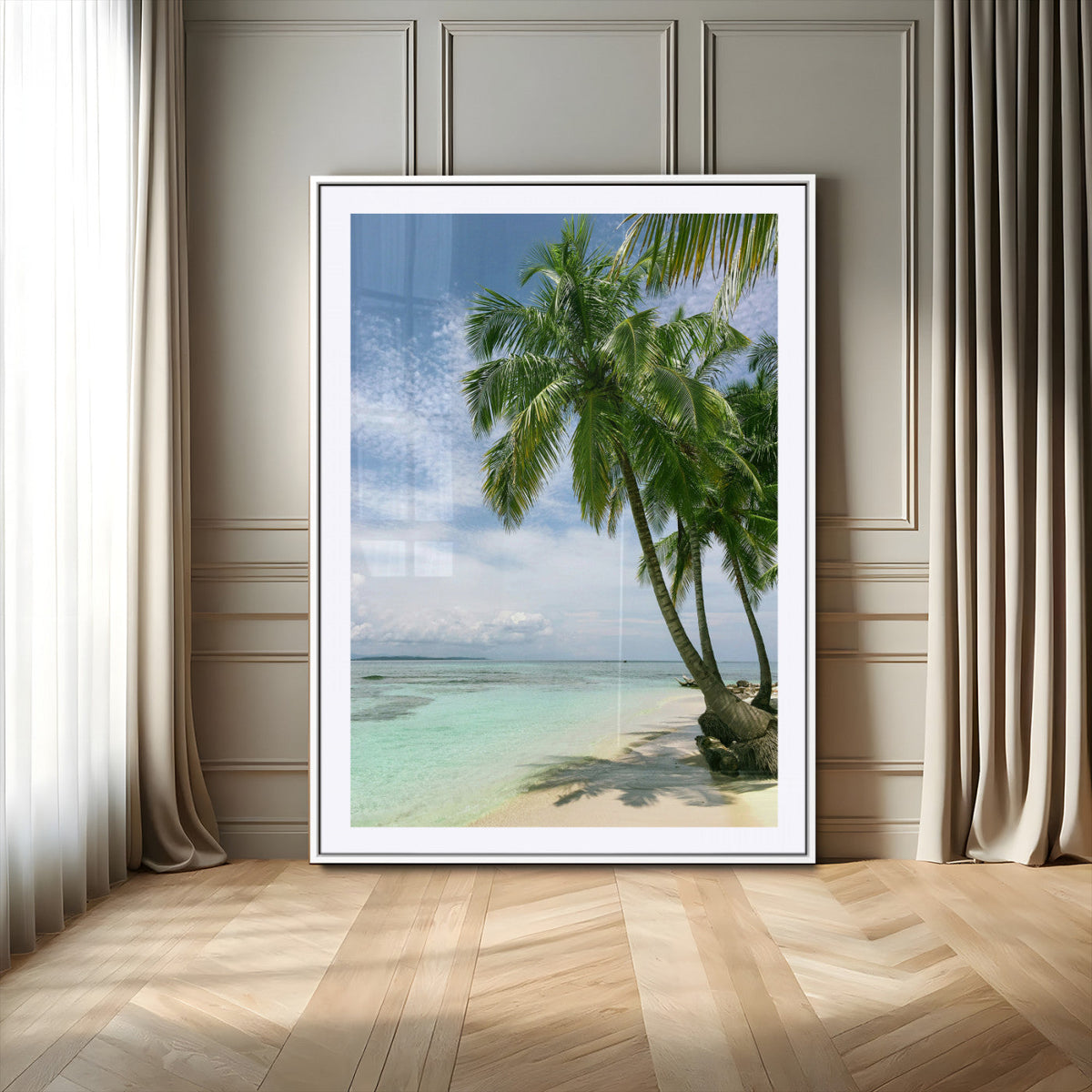 Tropical Beach Palm Trees Canvas Print, Framed Island Coastal Wall Art Ocean Horizon