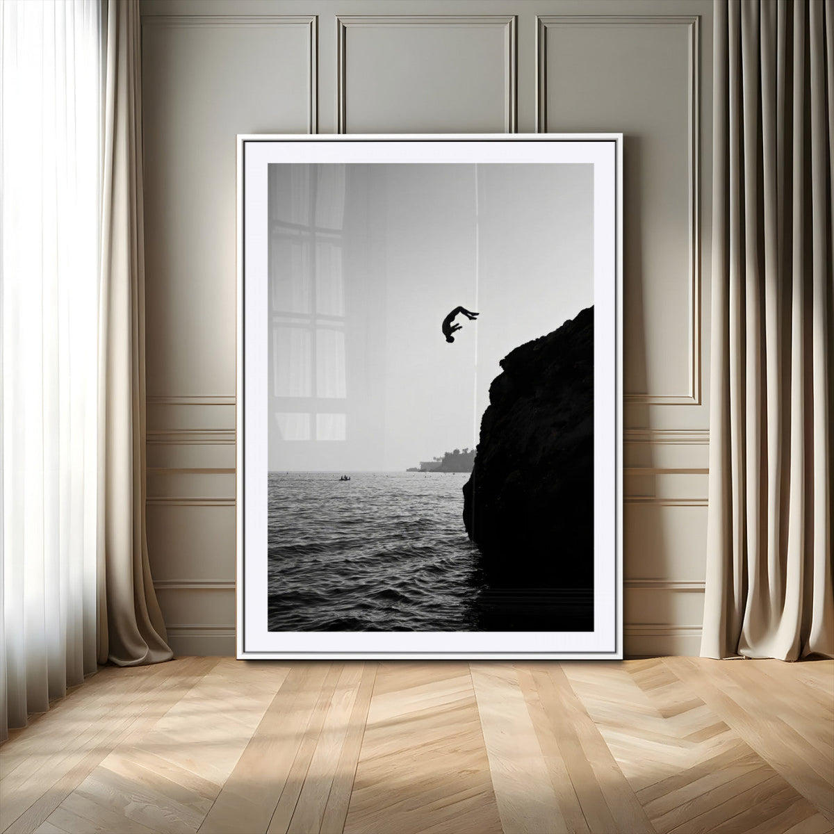 Silhouette Cliff Diver Wall Art | Framed Black White Ocean Canvas