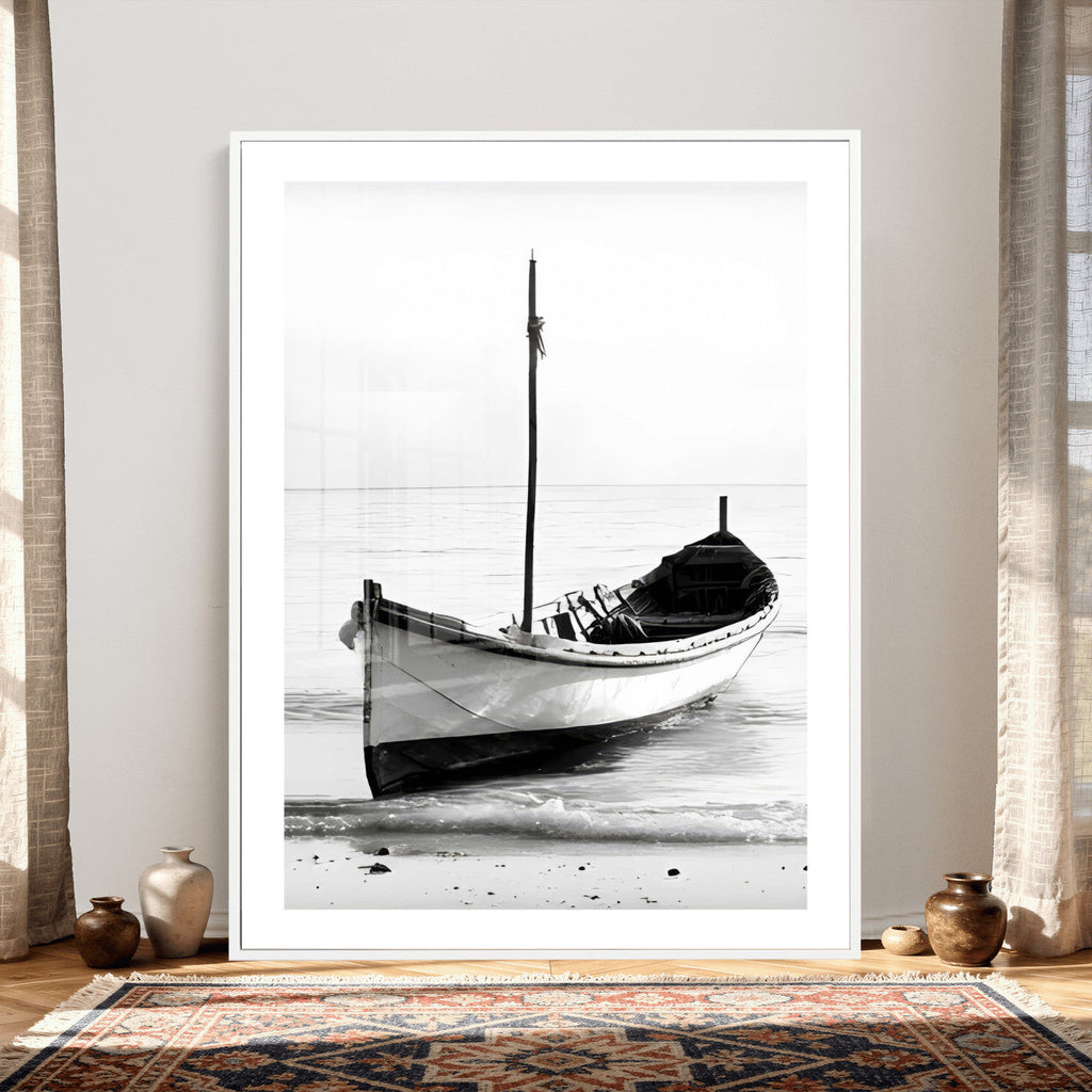 Minimal Boat Wall Art Canvas Print | Black and White Coastal Photography