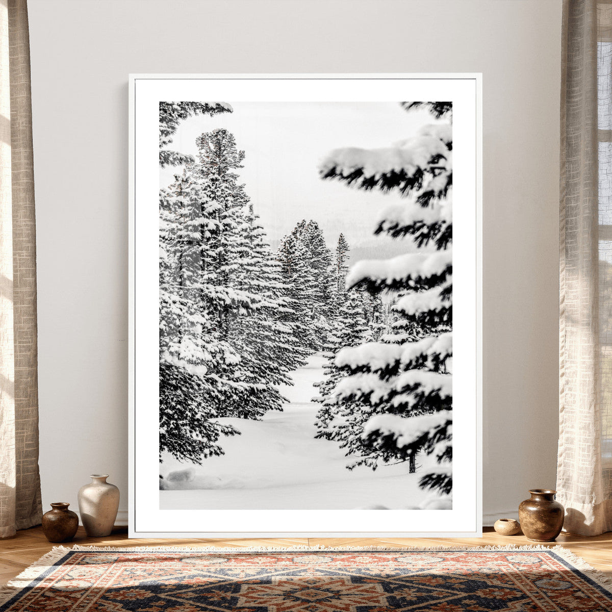 Winter Pine Forest Wall Art Canvas Print, Minimal Winter Landscape