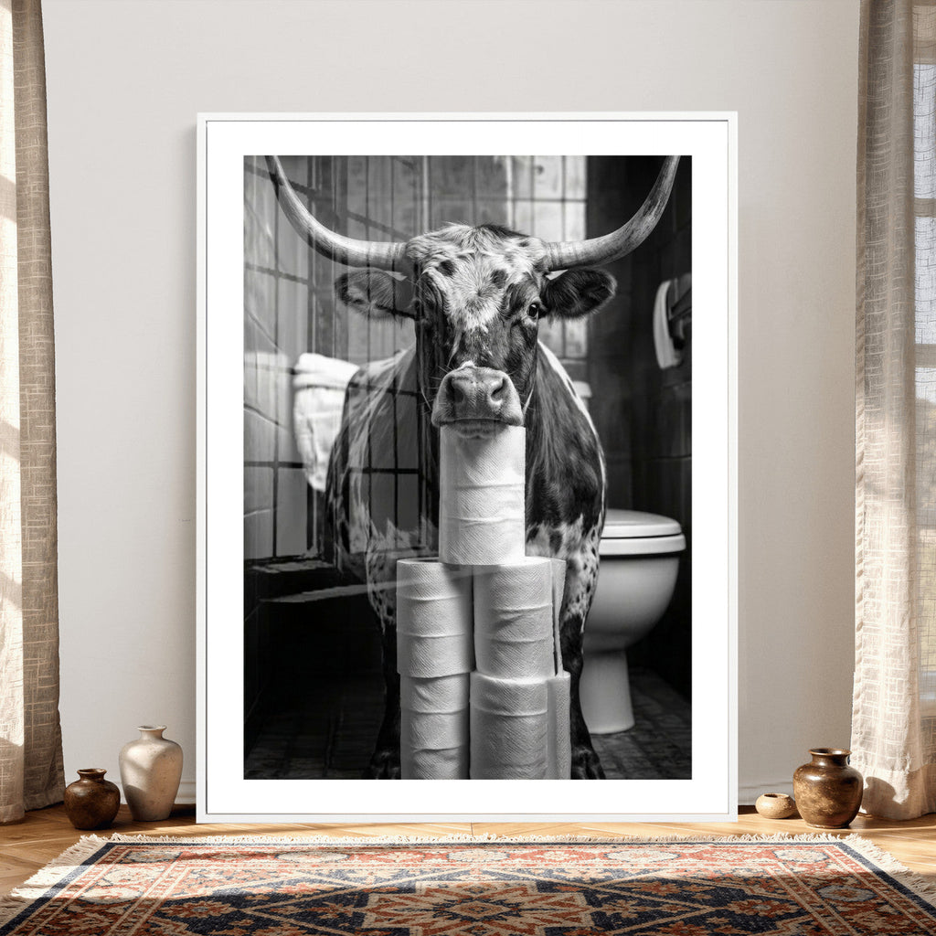Texas Longhorn Cow Toilet Paper Canvas Wall Art, Funny Bathroom Decor