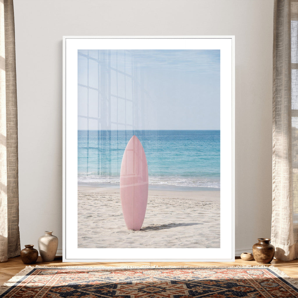 Pink Surfboard Canvas Wall Art, Minimalist Beach Photography