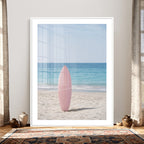 Pink Surfboard Canvas Wall Art, Minimalist Beach Photography