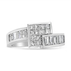 14K White Gold 1 1/2 Cttw Invisible-Set Princess and Channel-Set Baguette Diamond Geometric Bypass Ring Band (G-H Color, SI2-I1 Clarity) - Ring Size 7