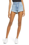 GOOD AMERICAN Womens Blue Stretch Zippered Pocketed Frayed Hem High Waist Shorts Juniors 15