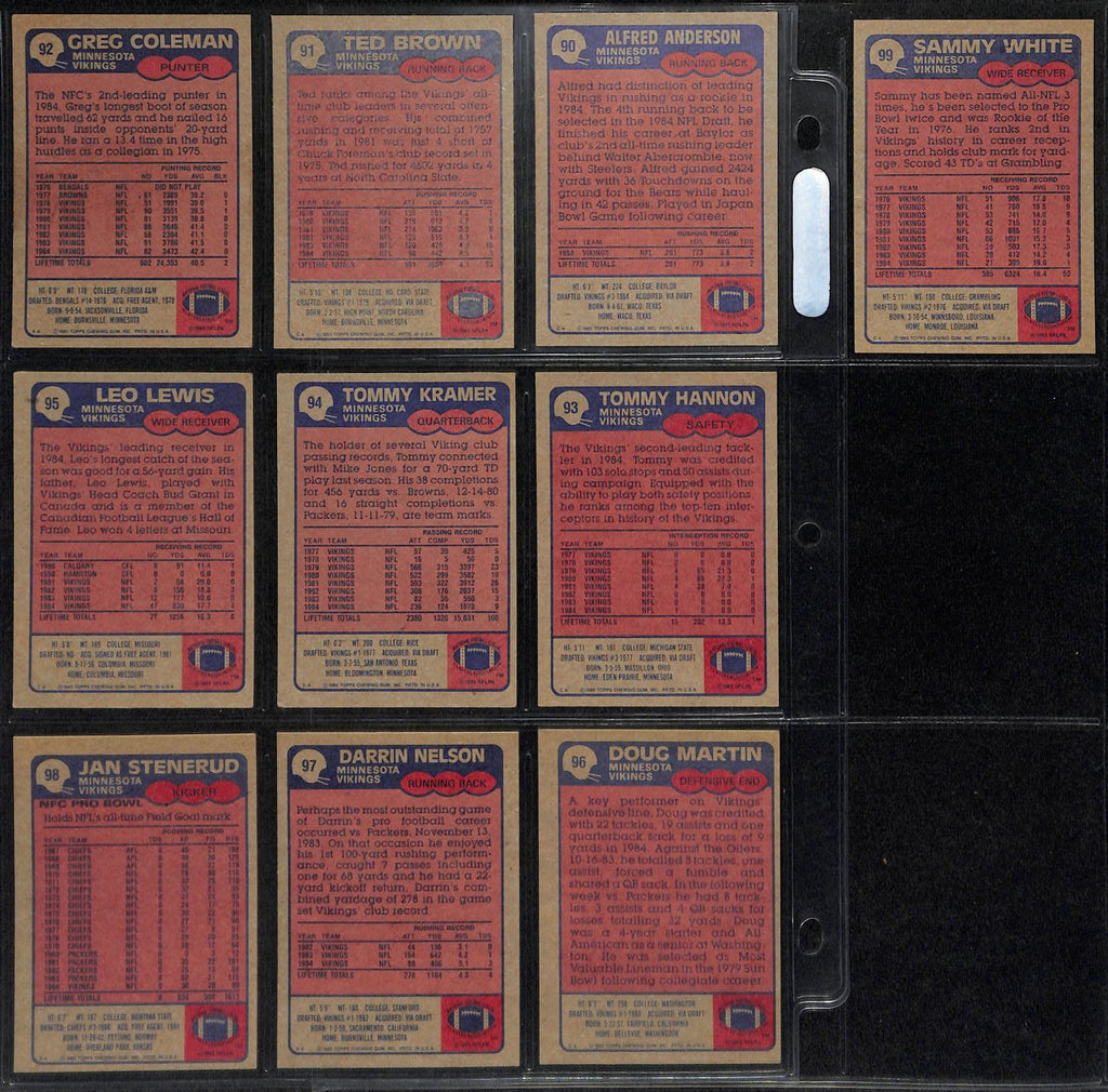 1985 TOPPS Football Minnesota Vikings  Complete Team Set 10/10 Cards 189275