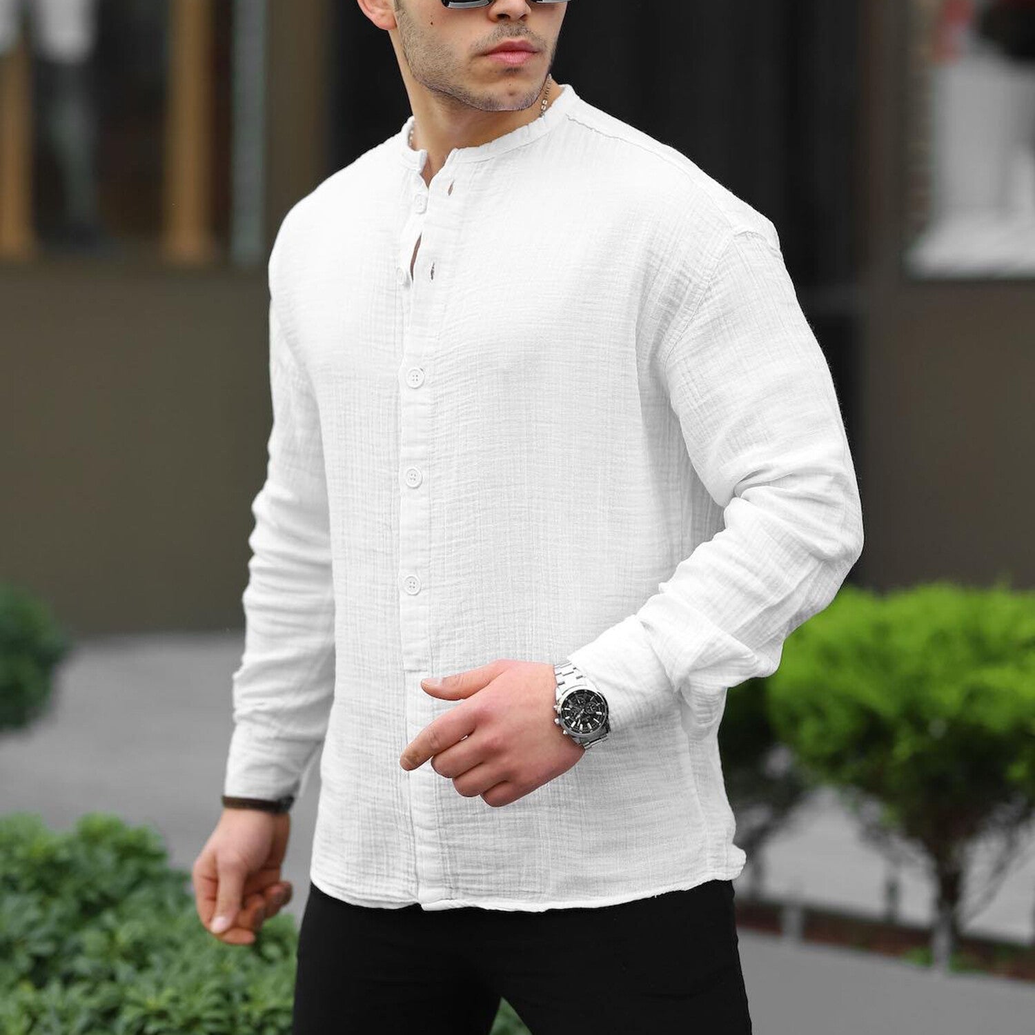 Half Patch Collar Muslin Fabric Shirt // White