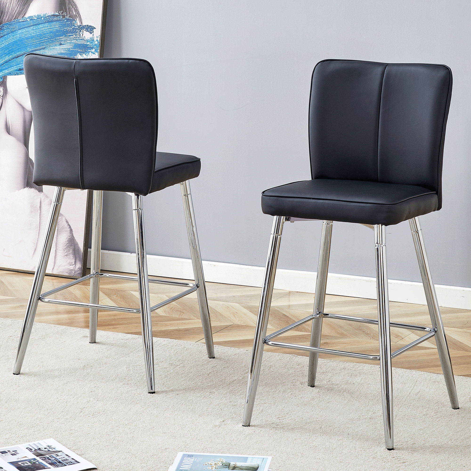 Modern Bar Chair Set Streamlined Backrest Metal Legs 2 - Black / Silver