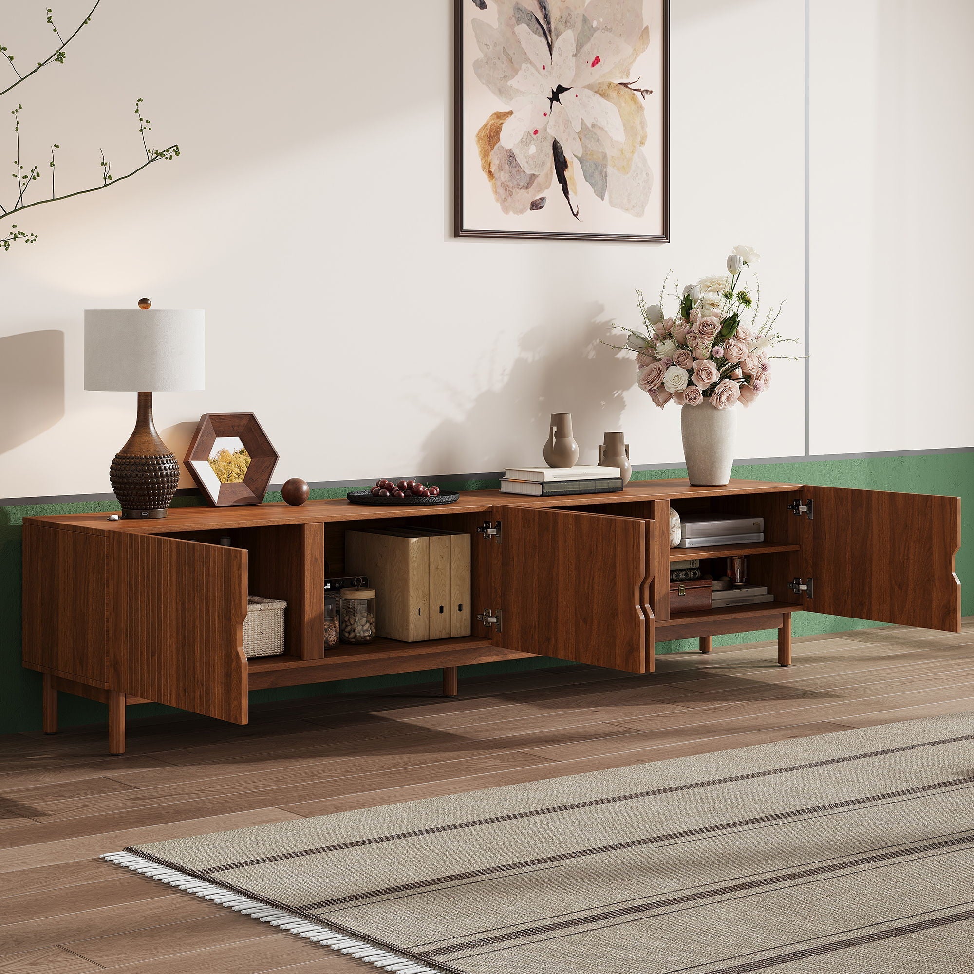 TV Stand With Legs, Media Console, 4 Cabinets - Natural Wood