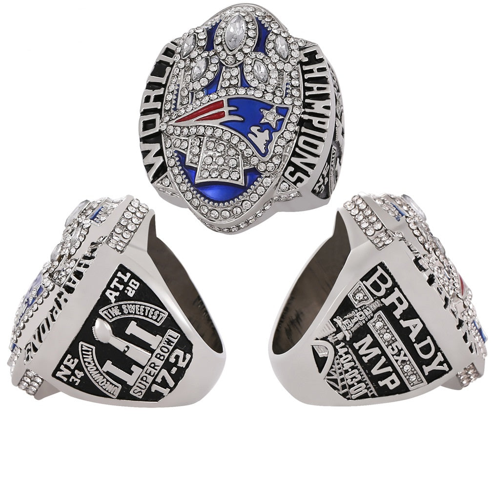 New England Patriots Super Bowl Championship Ring & Trophy Set– 2002, 2004, 2005, 2015, 2017 & 2019