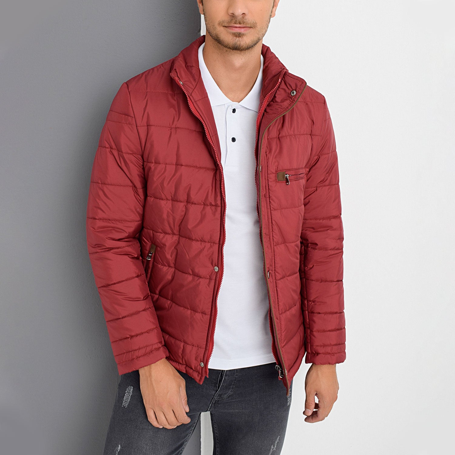 Mock Neck Striped Quilted Jacket // Burgundy
