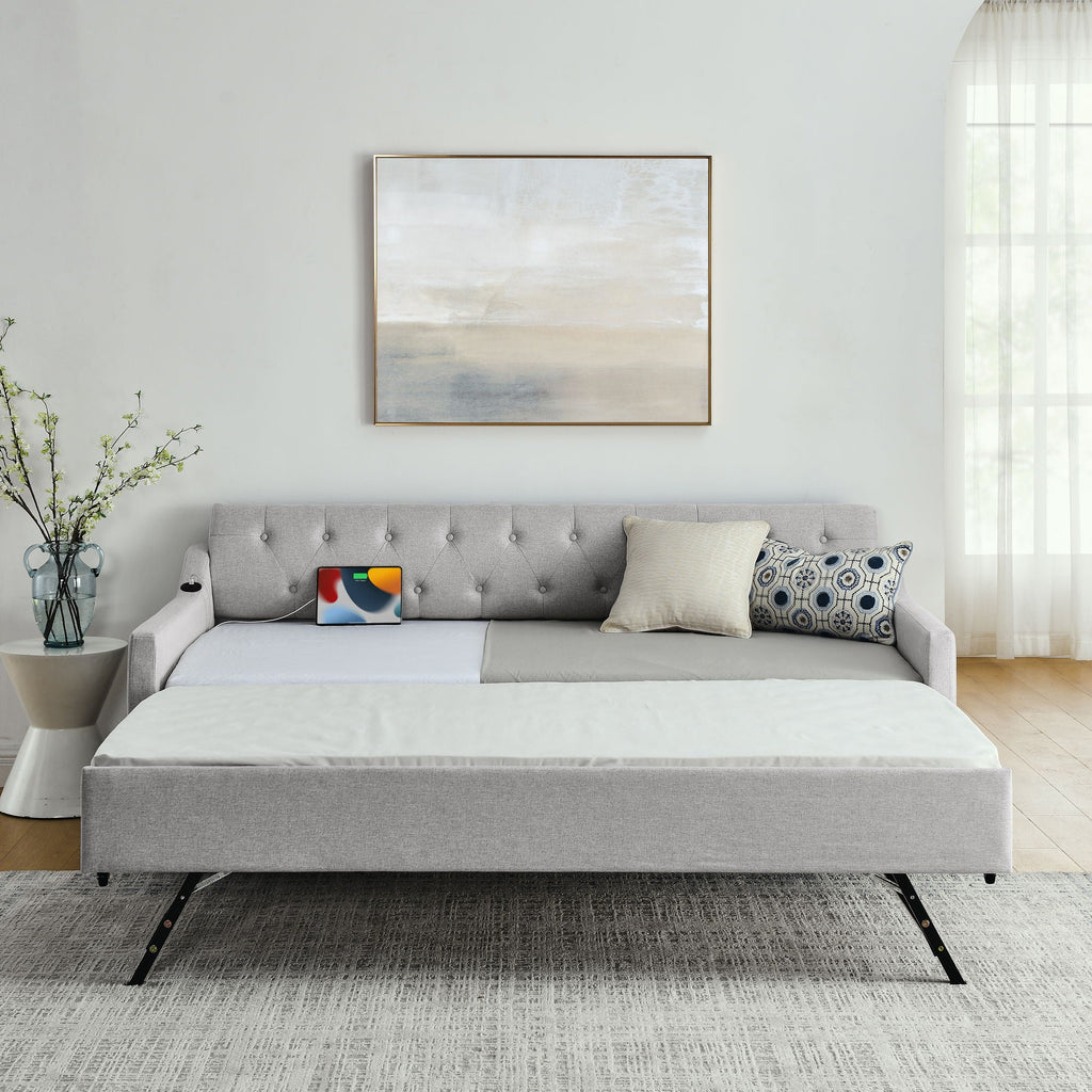 Size Upholstered Daybed With Trundle And USB Charging Armrest