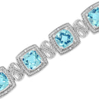 .925 Sterling Silver 7x7 mm Cushion Cut Blue Topaz and 1/10 Ctw Single Cut Diamond Square Shape Tennis Bracelet (I-J Color, I1-I2 Clarity) - 7"