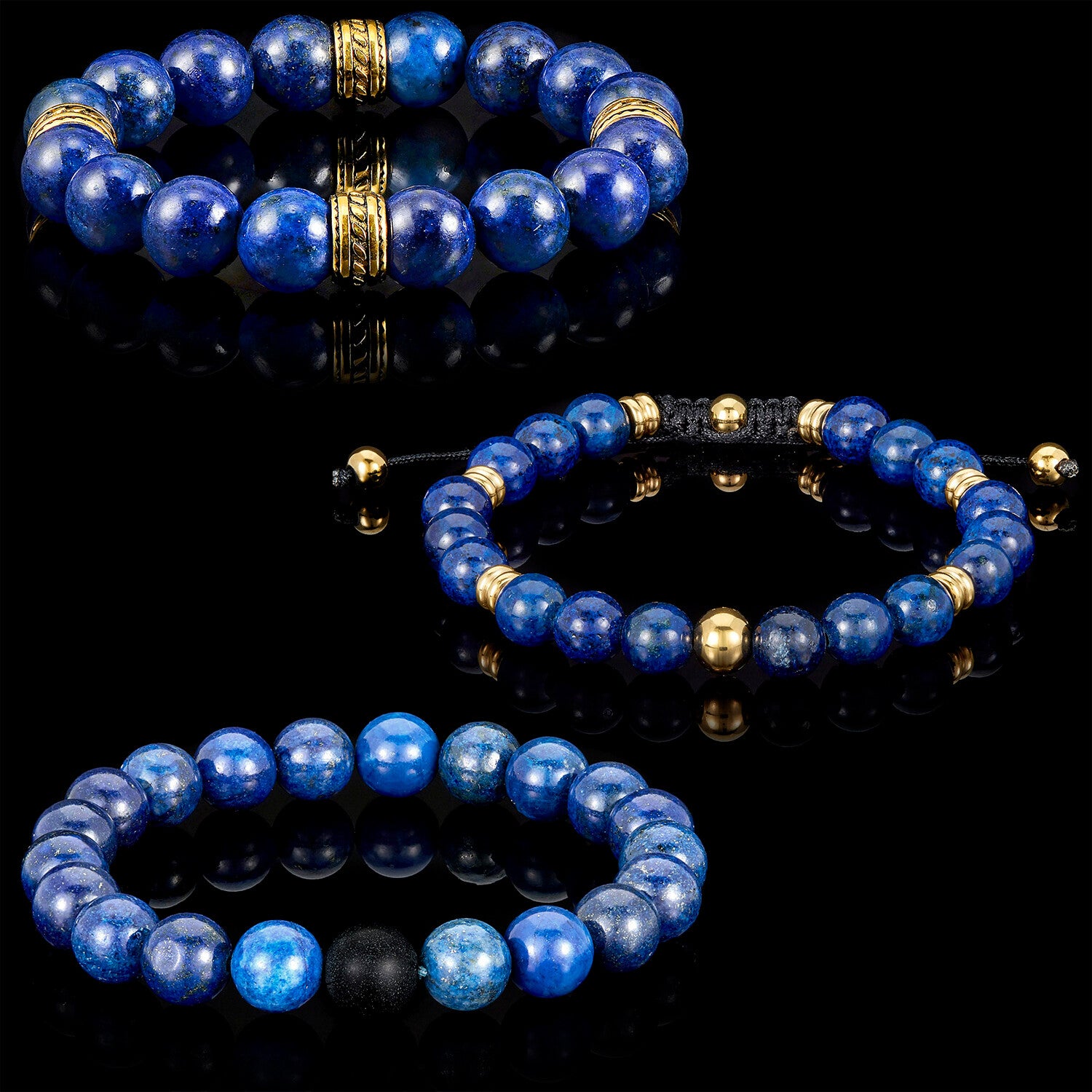 Lapis Lazuli + Gold Plated Steel Accents Bracelets // Set of 3 // 8"