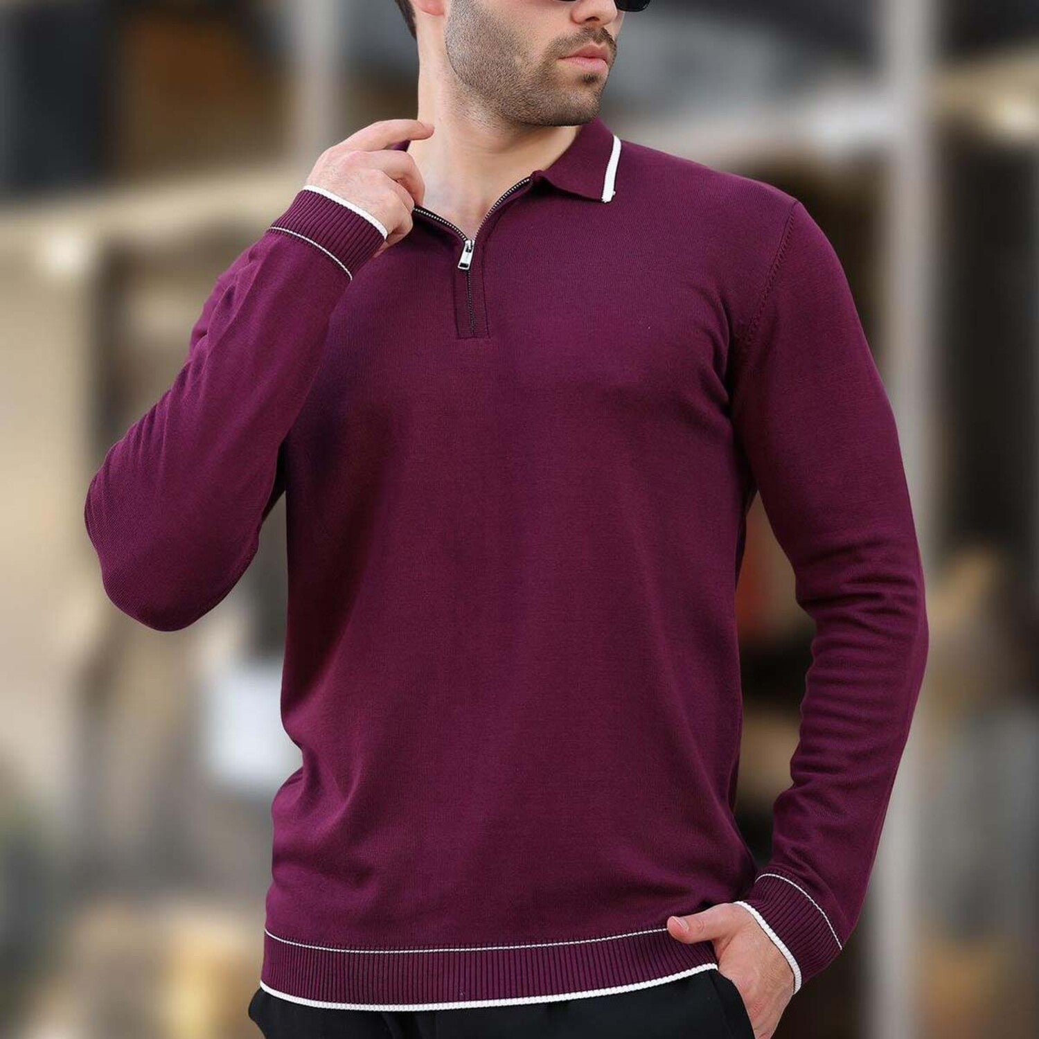 Quarter-Zip Tipped Polo Sweater // Burgundy + White