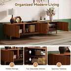 TV Stand With Legs, Media Console, 4 Cabinets - Natural Wood