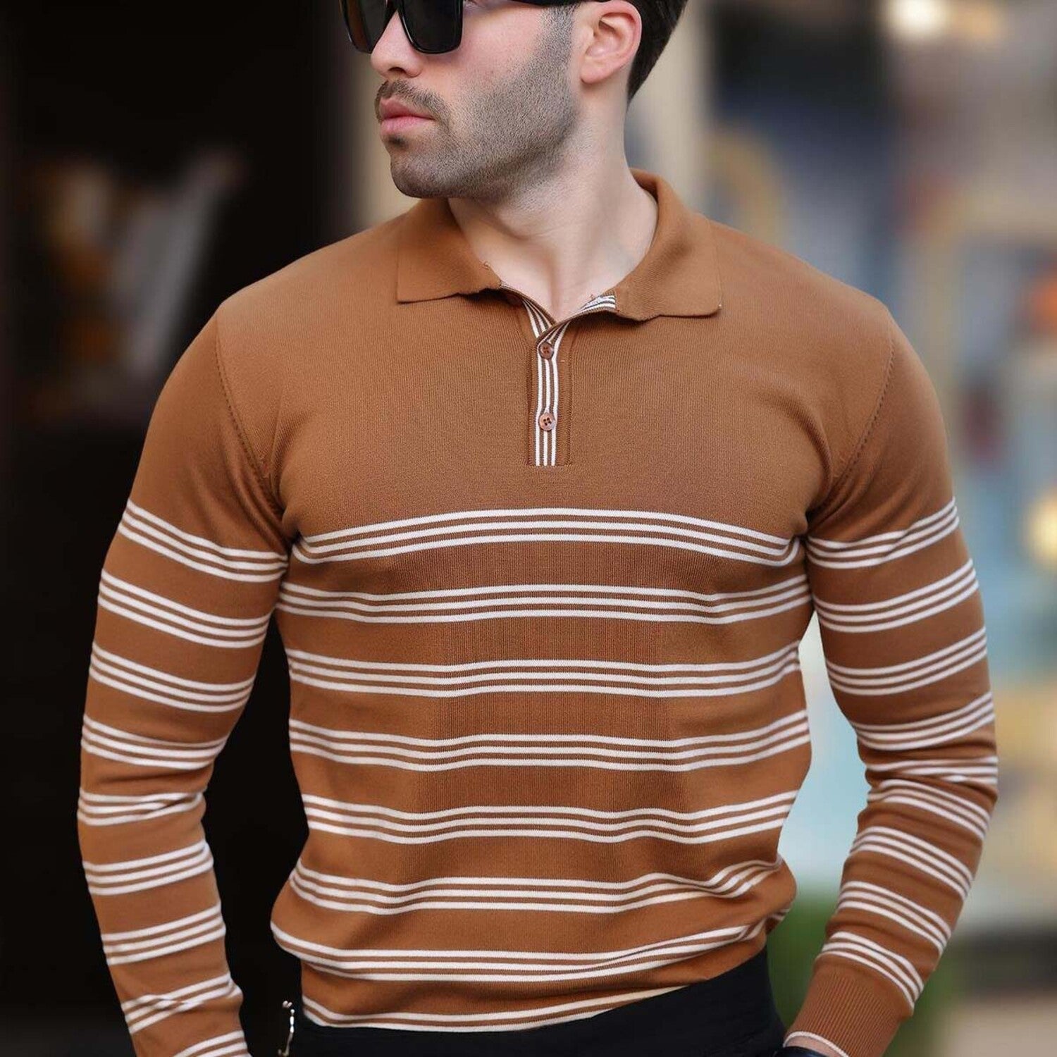 Striped Polo Sweater // Brown