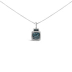 .925 Sterling Silver 1/2 Cttw Blue Diamond with White Diamond Halo Block Pendant Necklace