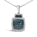 .925 Sterling Silver 1/2 Cttw Blue Diamond with White Diamond Halo Block Pendant Necklace