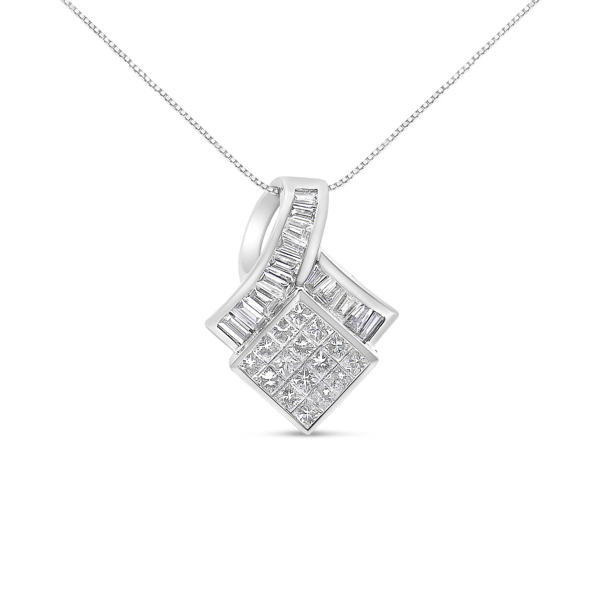 14k White Gold 2 1/10 Cttw Princess and Baguette Geometric Designed Diamond Pendant Necklace (G-H Color, VS1-VS2 Clarity) - NO CHAIN INCLUDED