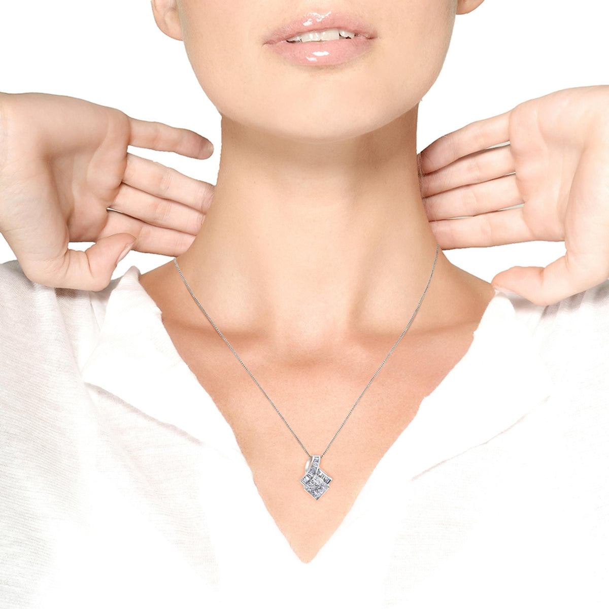 14k White Gold 2 1/10 Cttw Princess and Baguette Geometric Designed Diamond Pendant Necklace (G-H Color, VS1-VS2 Clarity) - NO CHAIN INCLUDED