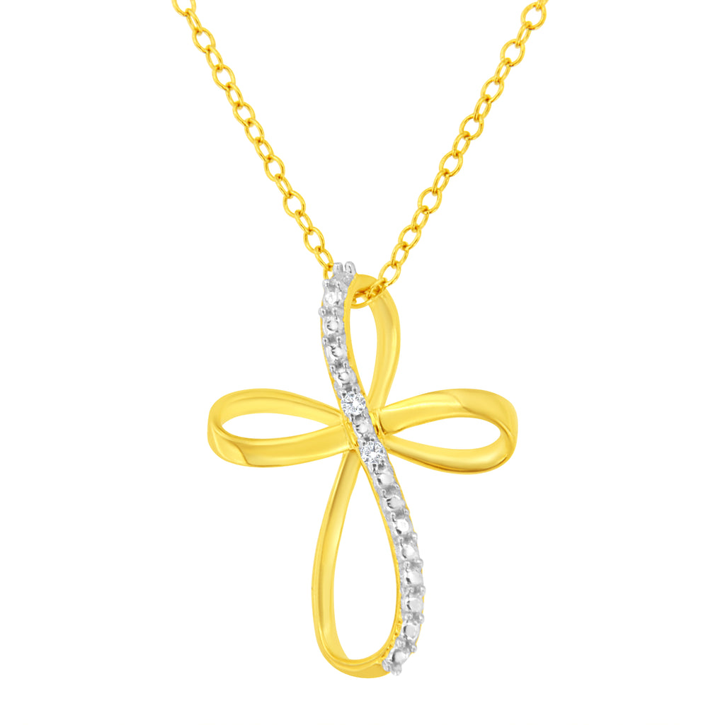 10K Yellow Gold Plated .925 Sterling Silver Diamond Accent Cross Ribbon 18" Pendant Necklace (I-J Color, I2-I3 Clarity)