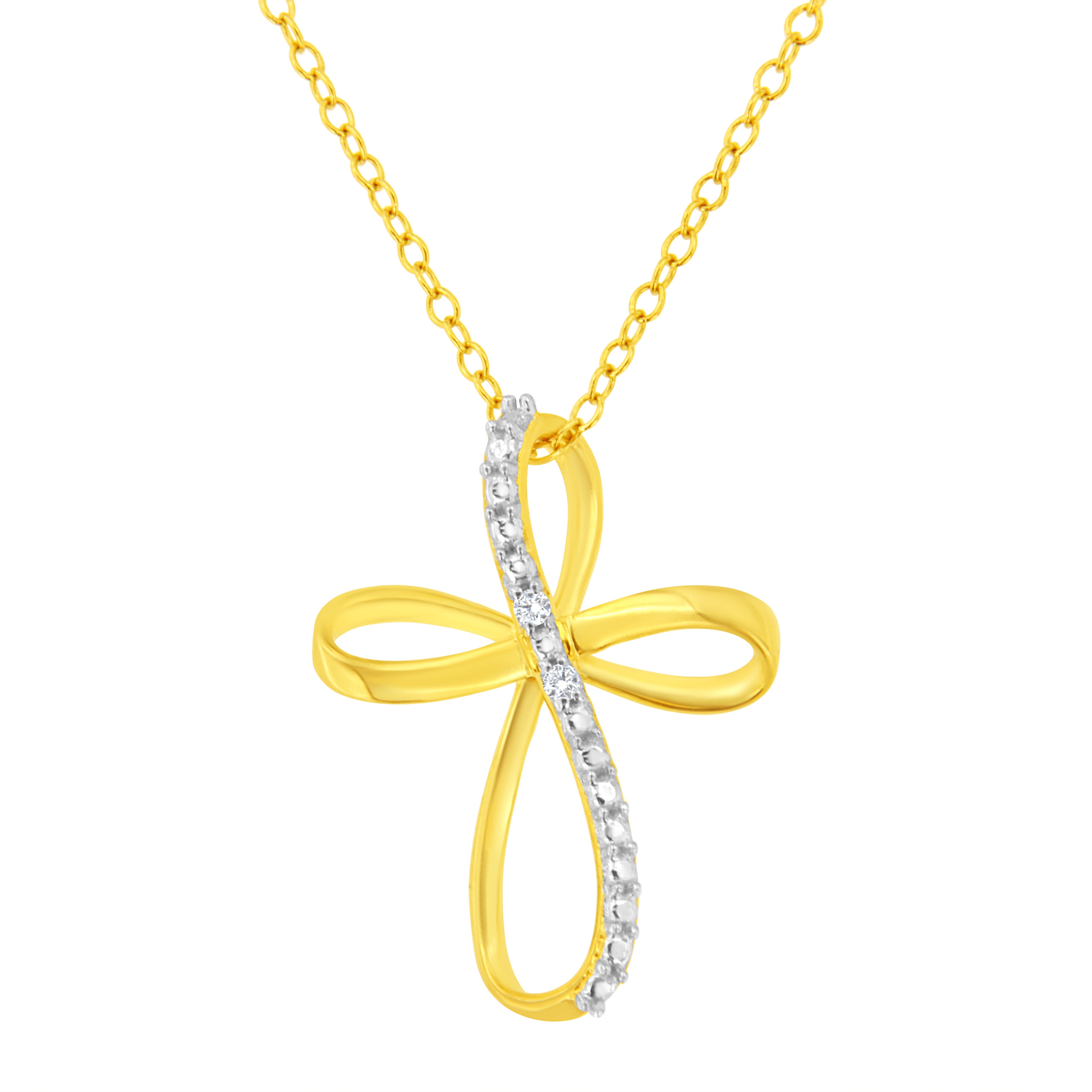 10K Yellow Gold Plated .925 Sterling Silver Diamond Accent Cross Ribbon 18" Pendant Necklace (I-J Color, I2-I3 Clarity)