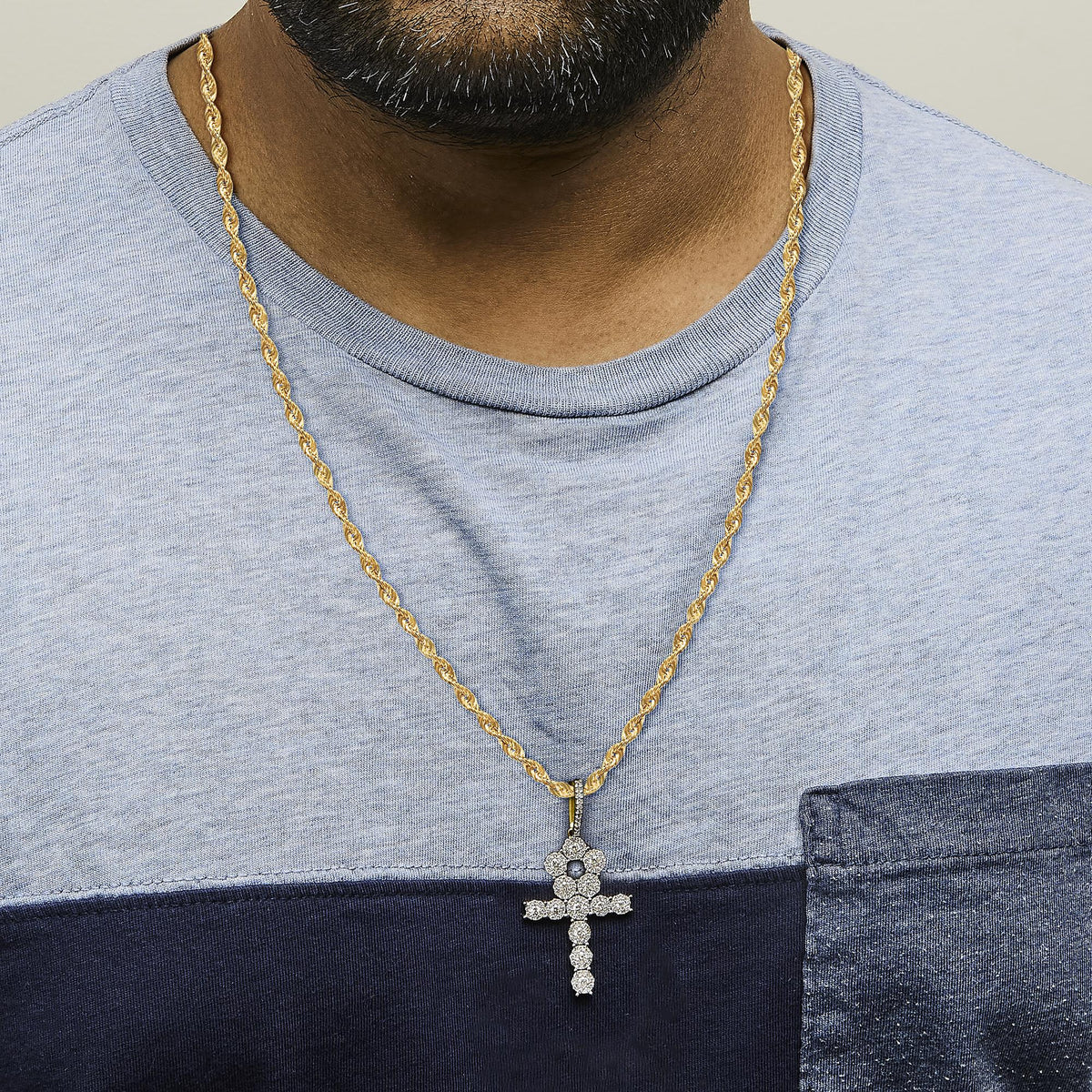 Men's 10K Yellow Gold 1 3/4 Cttw Diamond Cluster Ankh Cross Pendant Necklace - 18" Inches