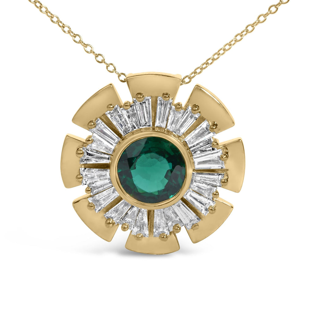 14K Yellow Gold Plated .925 Sterling Silver Lab Grown Emerald and Baguette Diamond Medallion Pendant Necklace