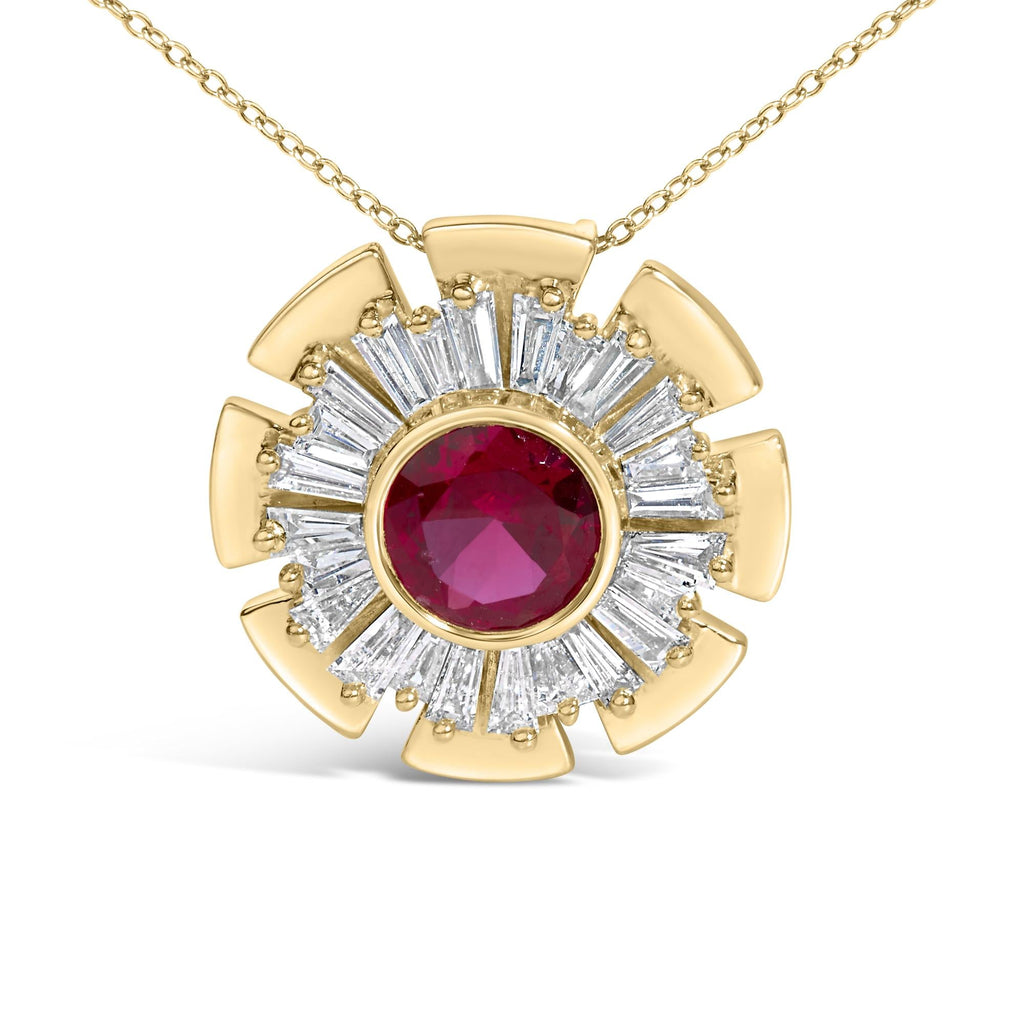 14K Yellow Gold Plated Silver Created Red Ruby and Diamond Baguette Medallion Pendant Necklace