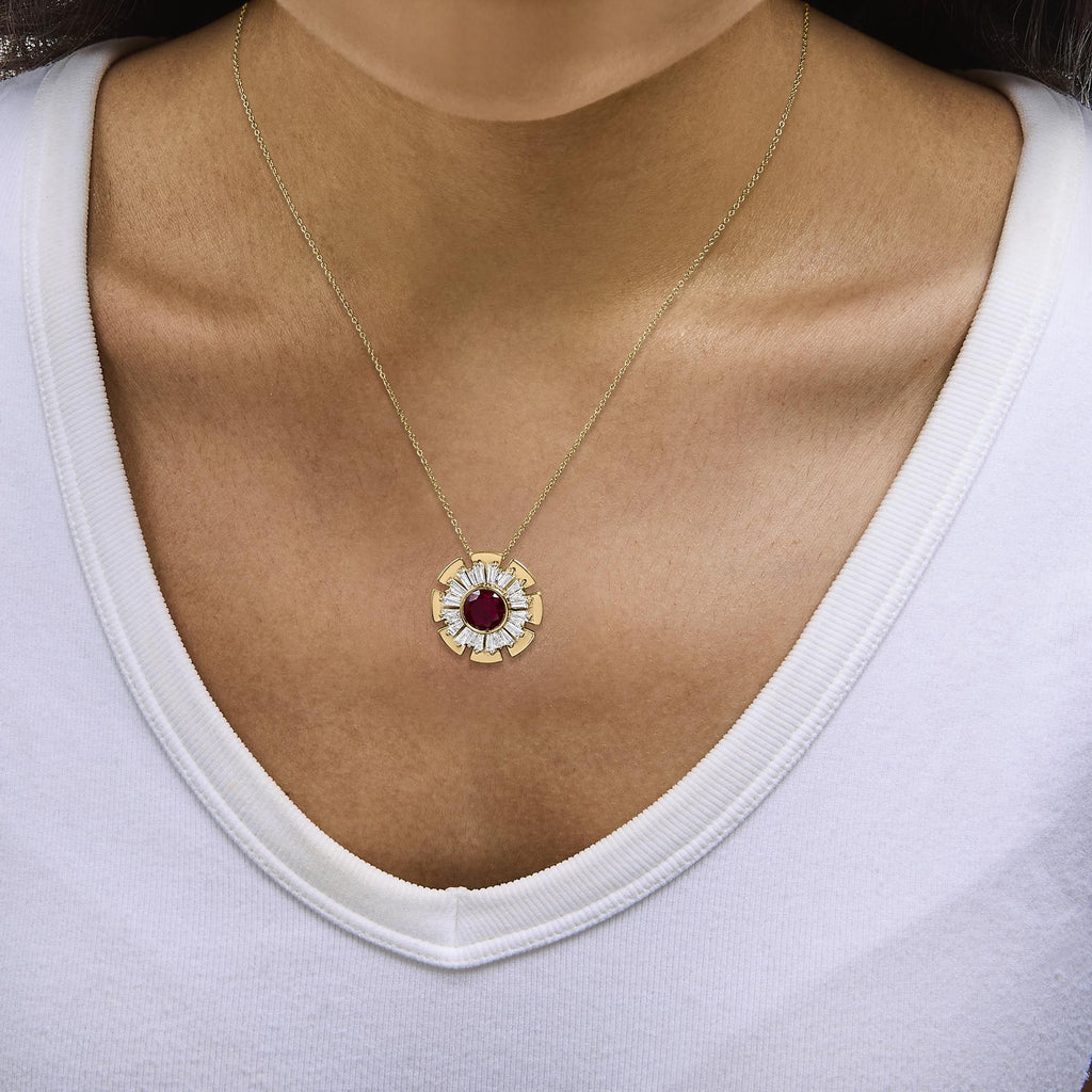 14K Yellow Gold Plated Silver Created Red Ruby and Diamond Baguette Medallion Pendant Necklace