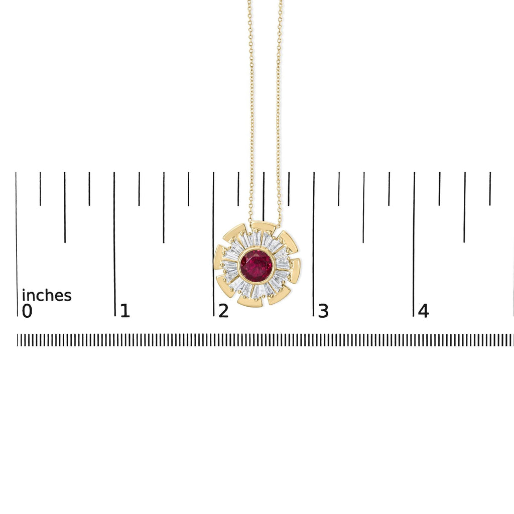 14K Yellow Gold Plated Silver Created Red Ruby and Diamond Baguette Medallion Pendant Necklace