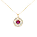 14K Yellow Gold Plated Sterling Silver Lab Grown Ruby and Diamond Sunburst Medallion Pendant Necklace