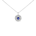 Sterling Silver Lab Grown Sapphire and Baguette Diamond Medallion Pendant Necklace
